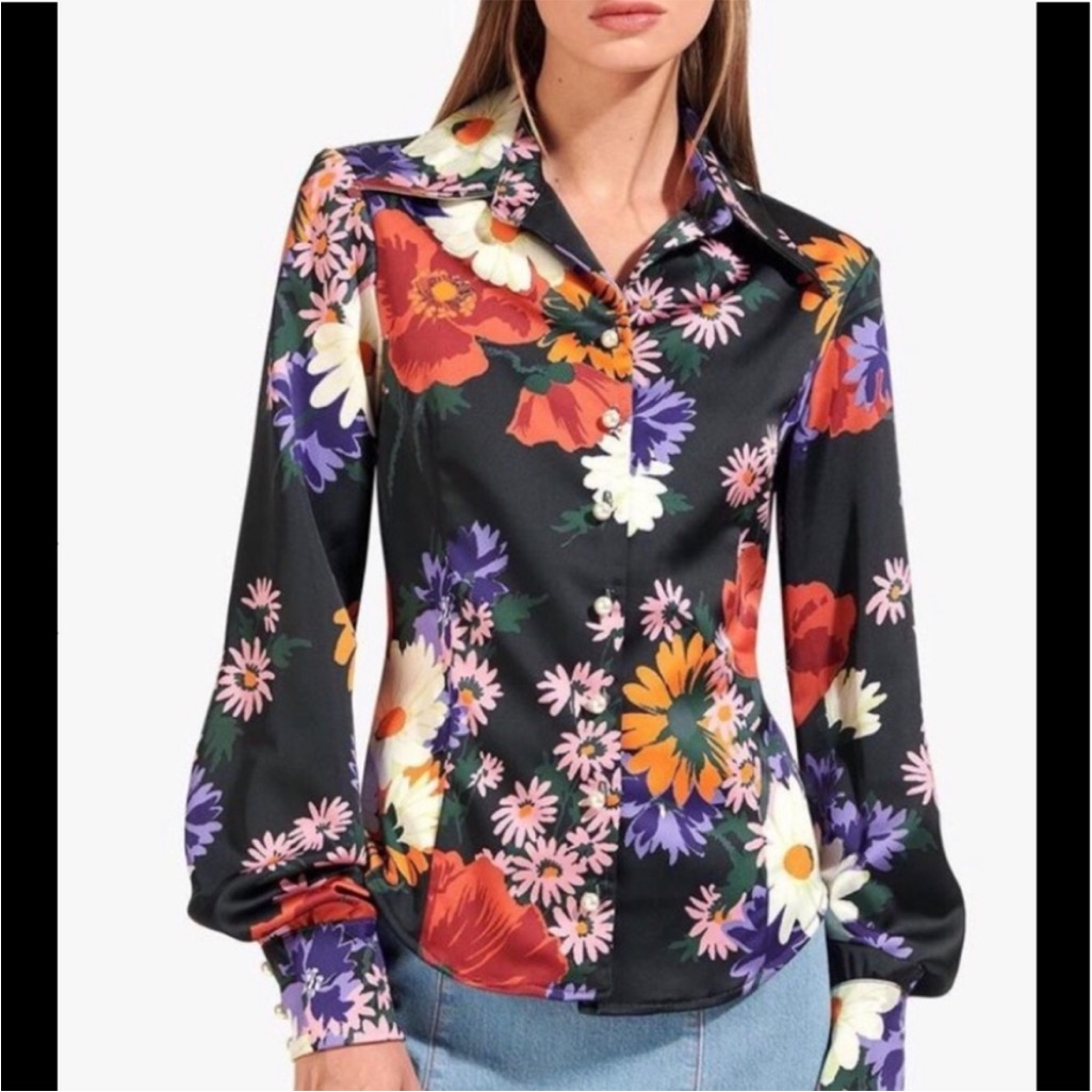 Staud Hendrix Black Floral Blouse Pearl Buttons Size 10